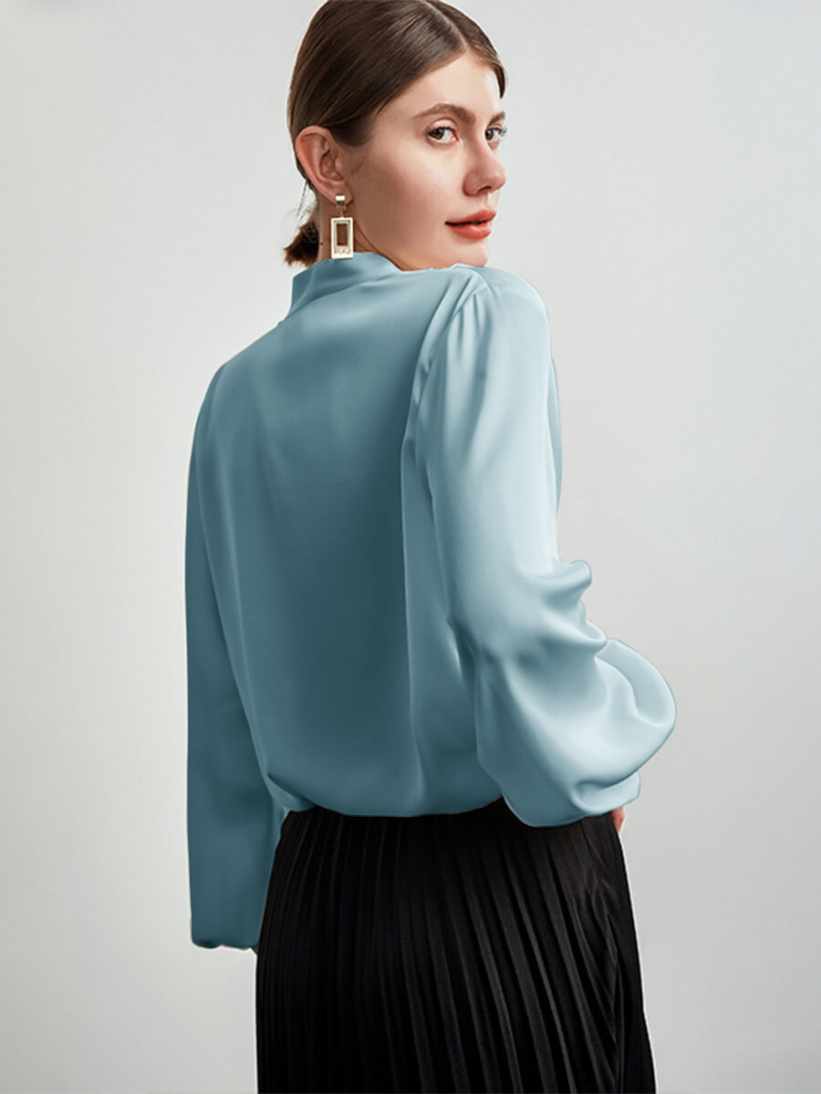 Feminine Long Sleeve V-Neck Silk Blouse with Crystal Buttons