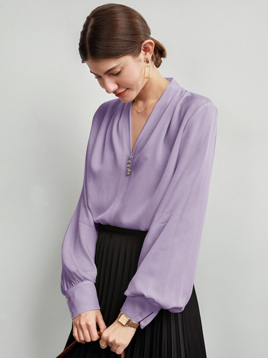 Feminine Long Sleeve V-Neck Silk Blouse with Crystal Buttons