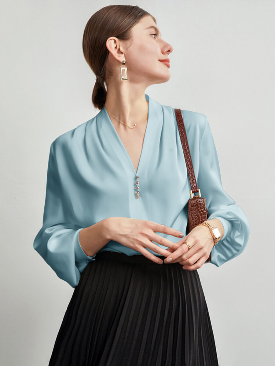 Feminine Long Sleeve V-Neck Silk Blouse with Crystal Buttons