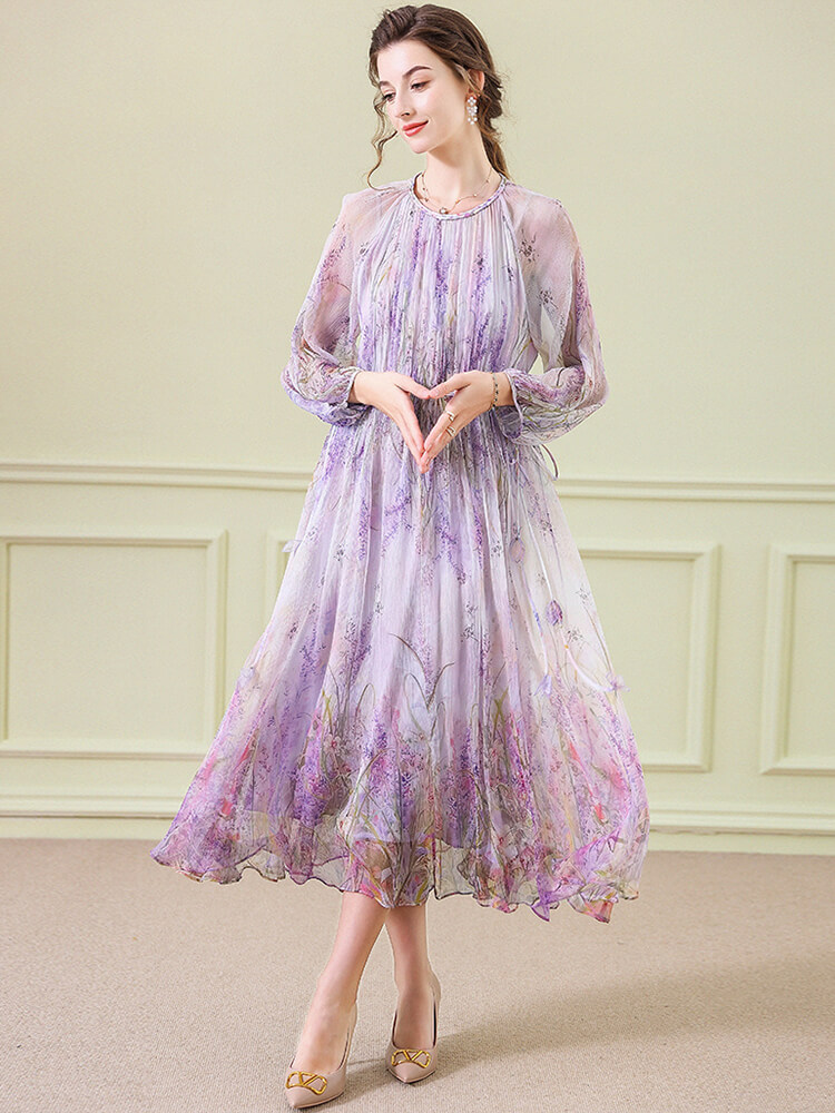 Purple Floral Graceful Long Sleeve Flowy Silk Dress