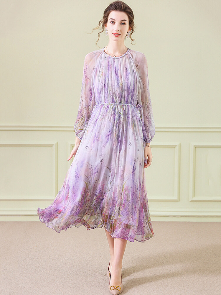 Purple Floral Graceful Long Sleeve Flowy Silk Dress