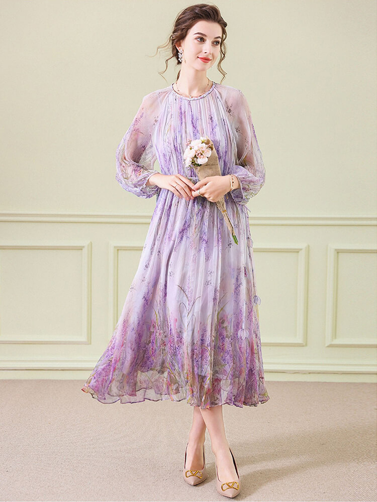 Purple Floral Graceful Long Sleeve Flowy Silk Dress