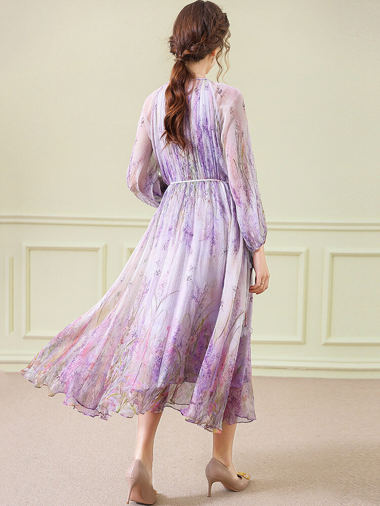 Purple Floral Graceful Long Sleeve Flowy Silk Dress