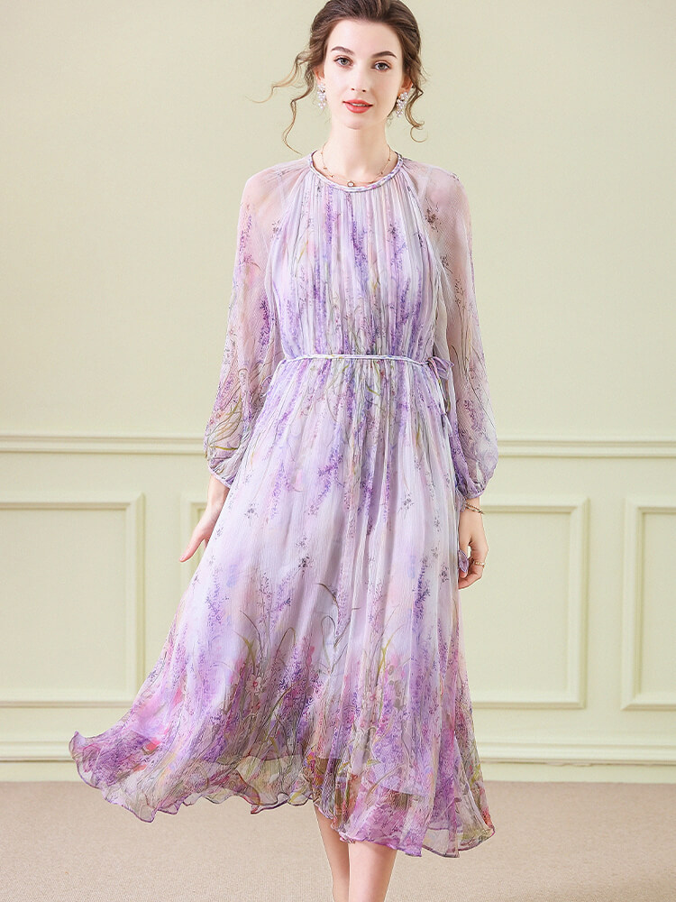 Purple Floral Graceful Long Sleeve Flowy Silk Dress