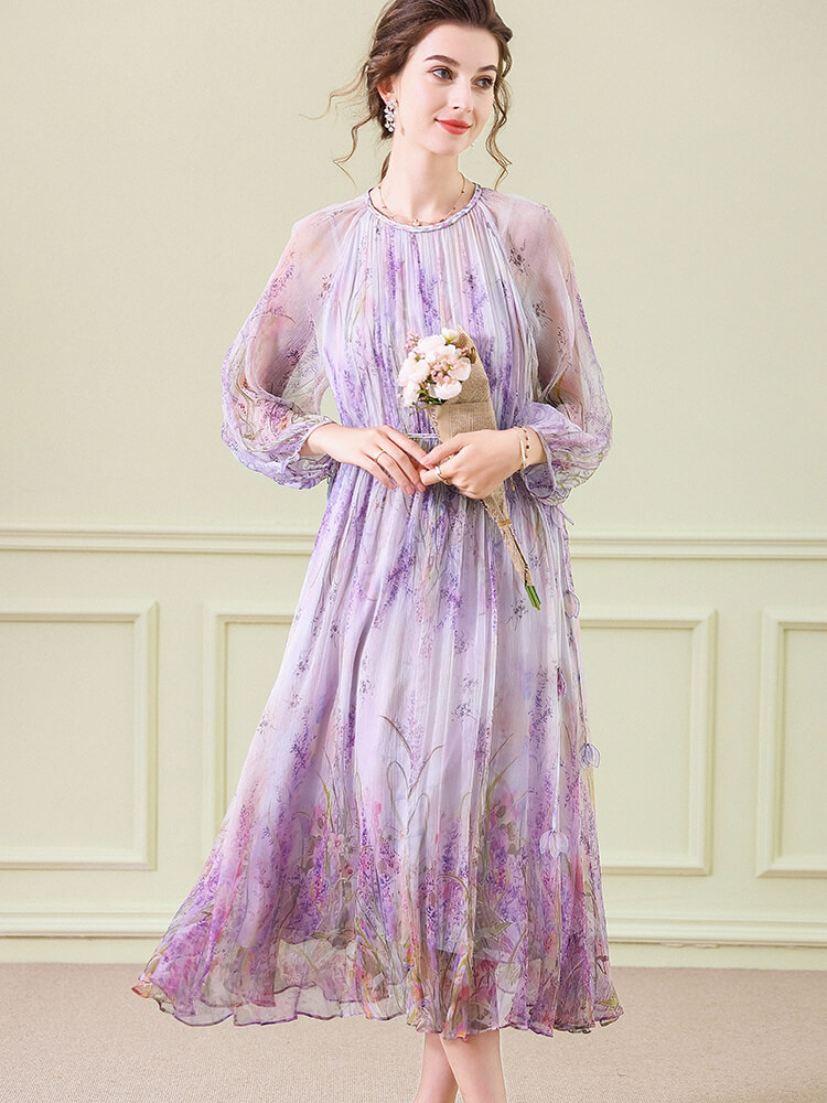 Purple Floral Graceful Long Sleeve Flowy Silk Dress