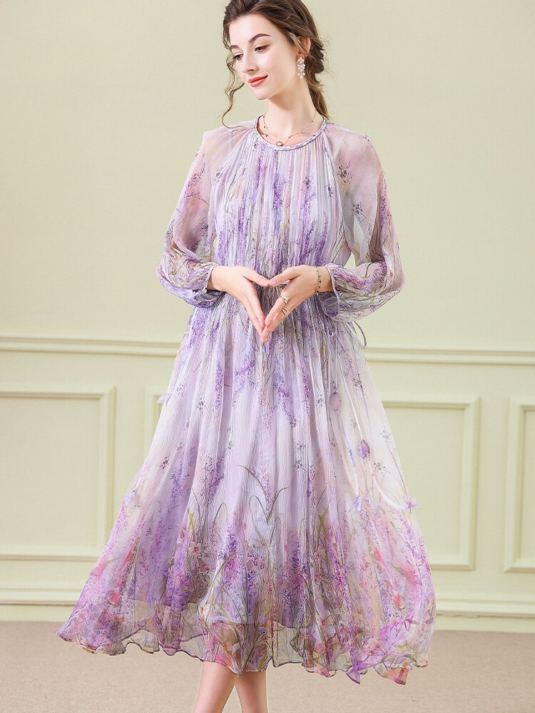 Purple Floral Graceful Long Sleeve Flowy Silk Dress