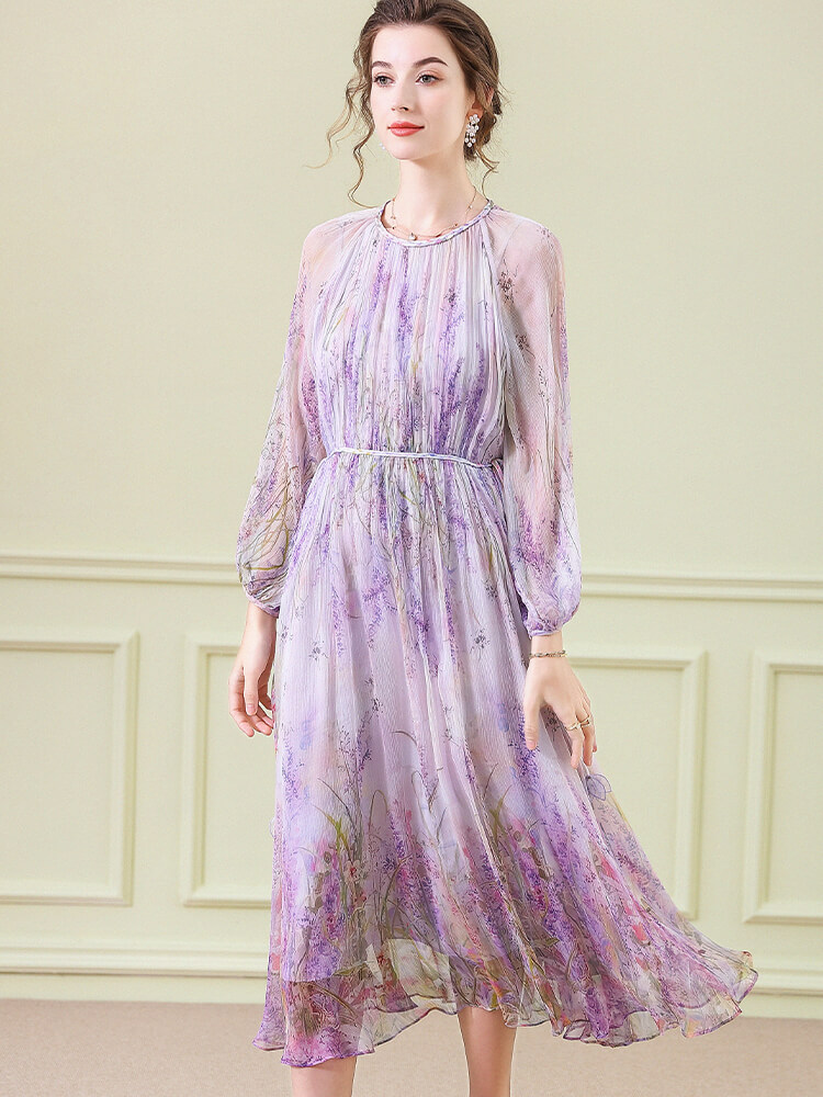 Purple Floral Graceful Long Sleeve Flowy Silk Dress