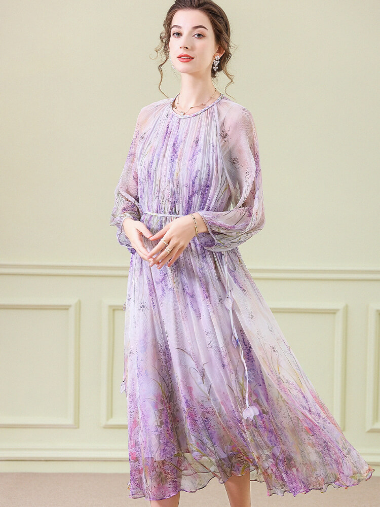 Purple Floral Graceful Long Sleeve Flowy Silk Dress