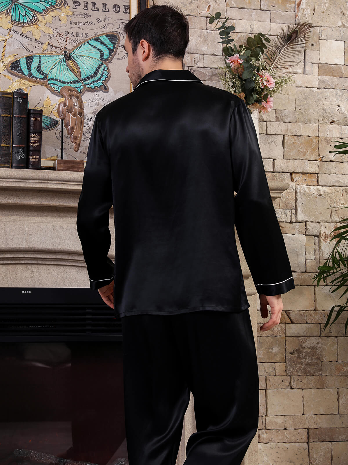 22 Momme Men's Classic Long Sleeve Silk Pajama Set with Piping