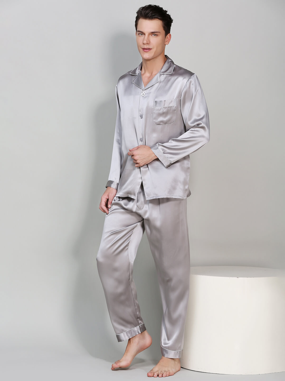 22 Momme Men's Classic Long Sleeve Silk Pajama Set with Piping