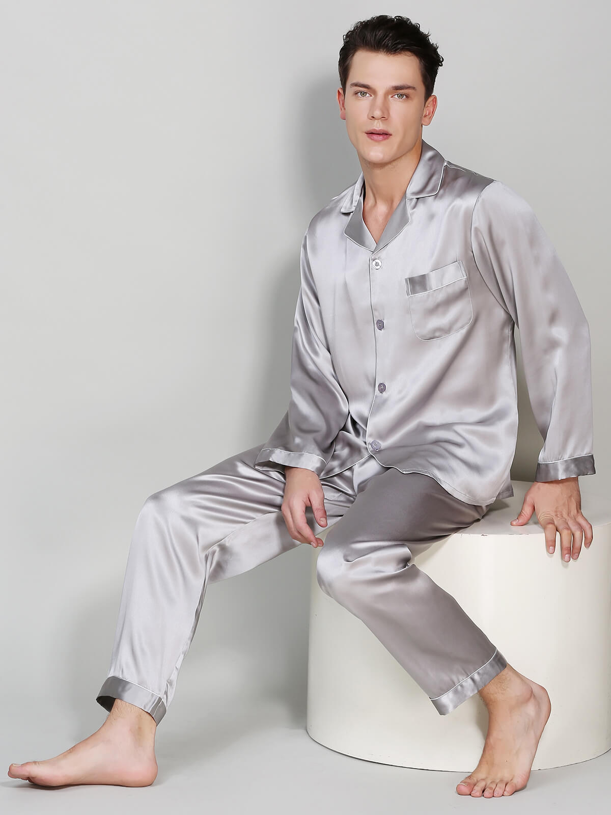 22 Momme Men's Classic Long Sleeve Silk Pajama Set with Piping