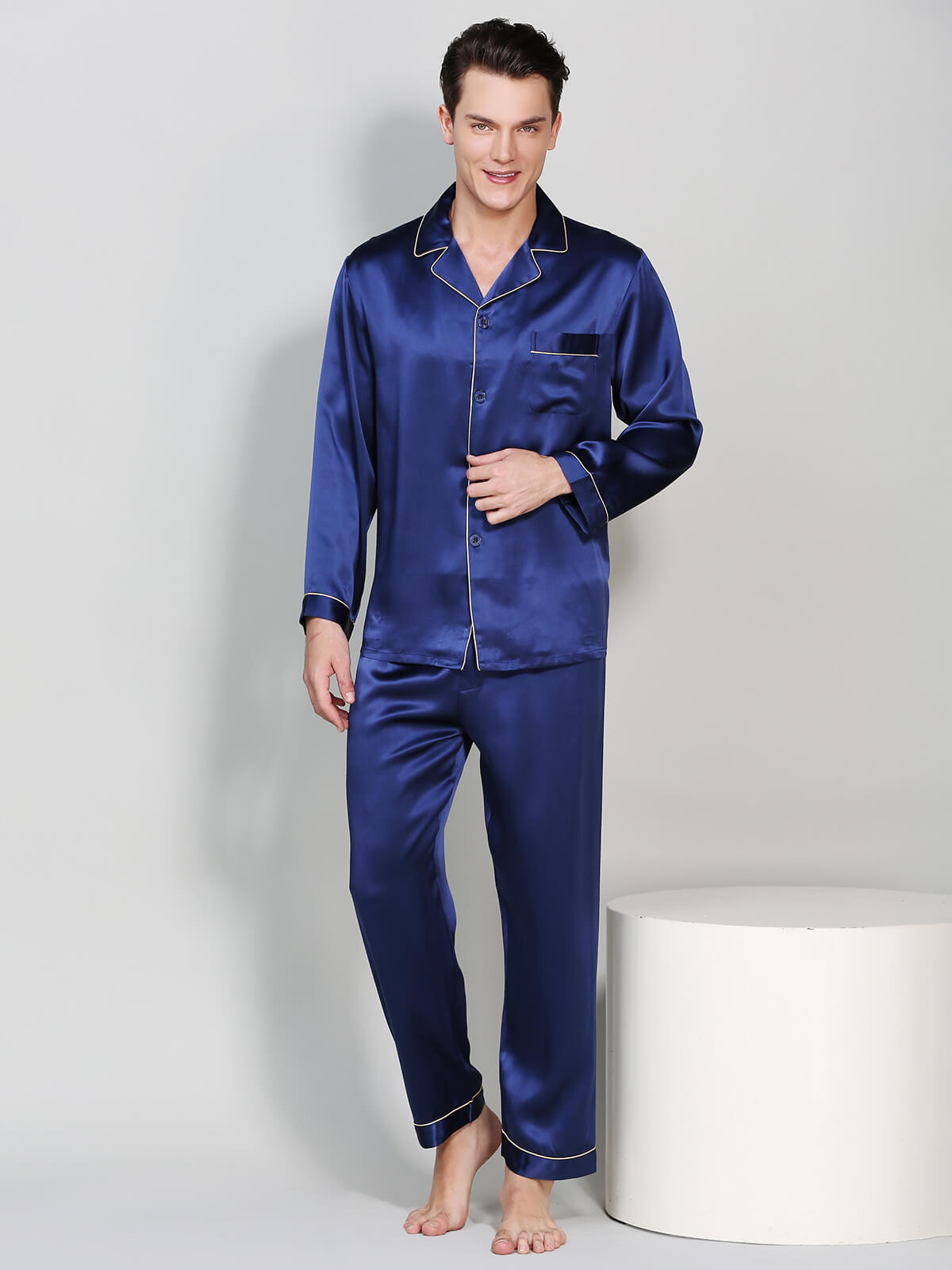 22 Momme Men's Classic Long Sleeve Silk Pajama Set with Piping