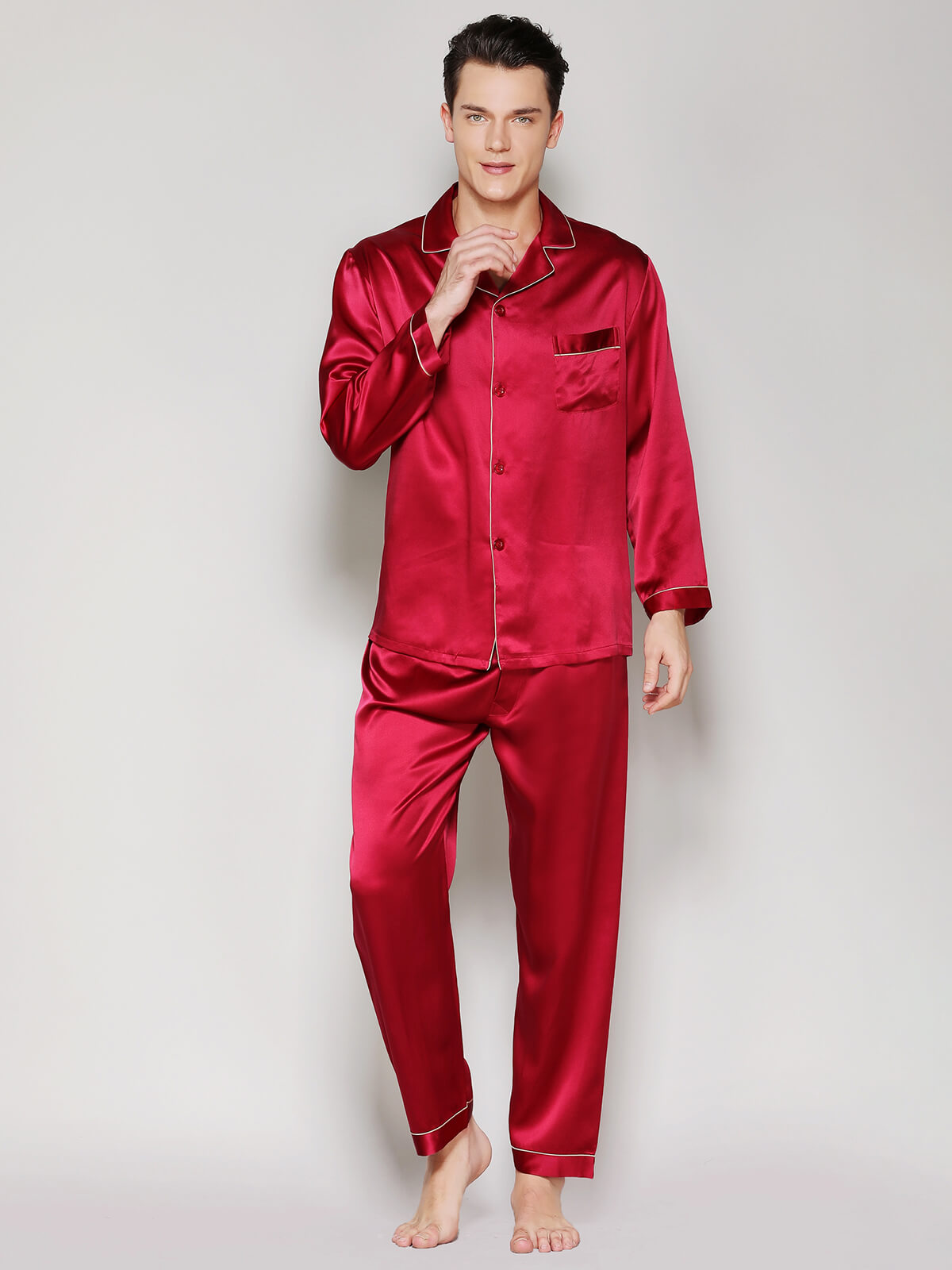 22 Momme Men's Classic Long Sleeve Silk Pajama Set with Piping