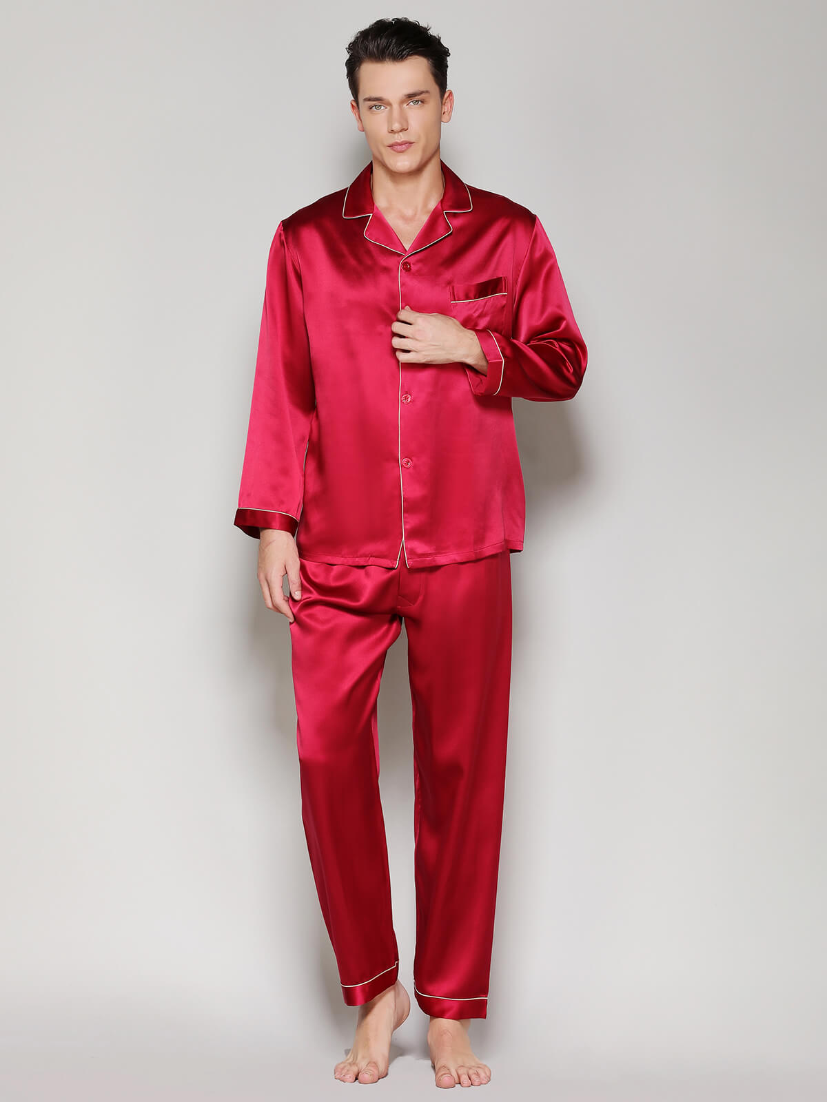 22 Momme Men's Classic Long Sleeve Silk Pajama Set with Piping