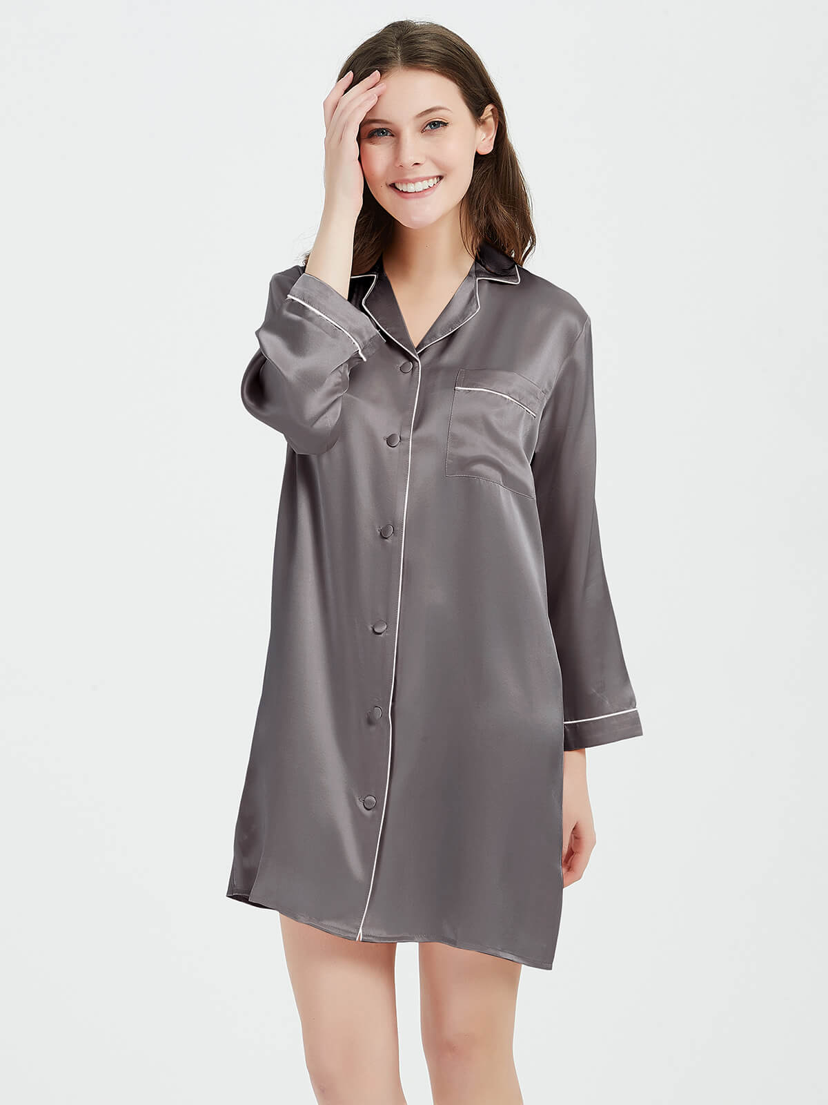 22 Momme Classic Long-Sleeve Silk Button-Down Sleep Shirt