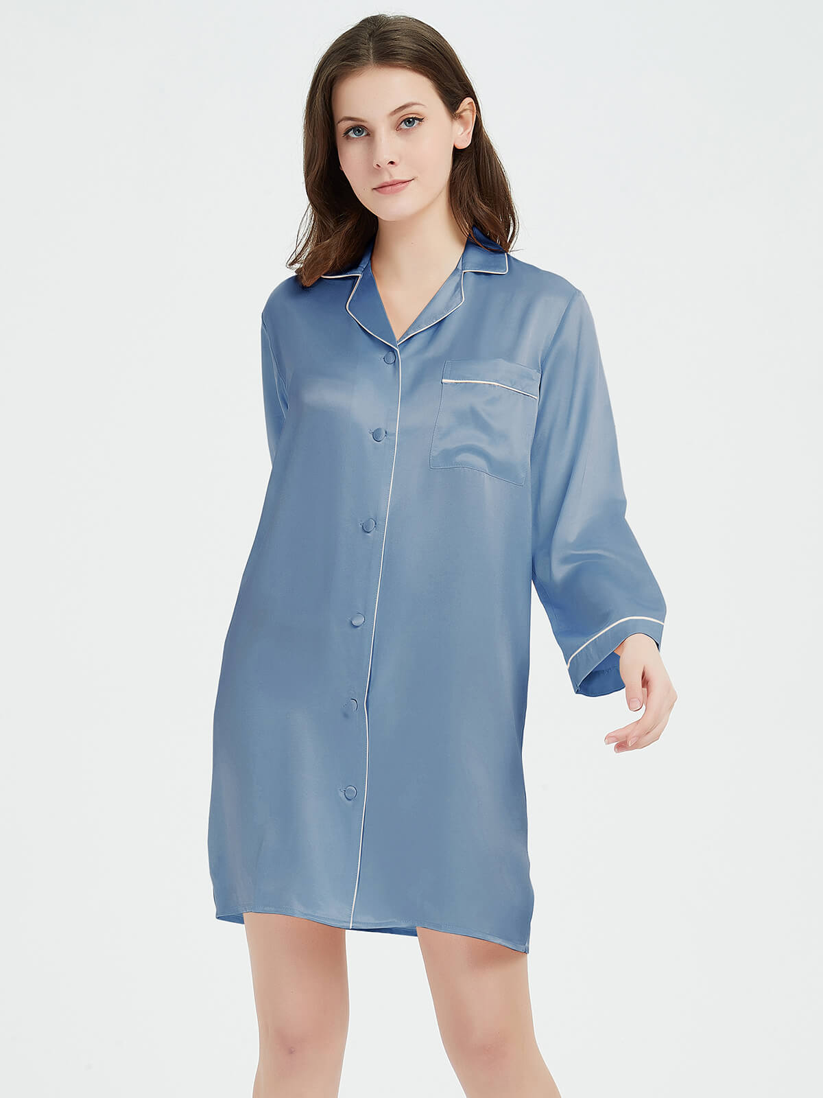 22 Momme Classic Long-Sleeve Silk Button-Down Sleep Shirt