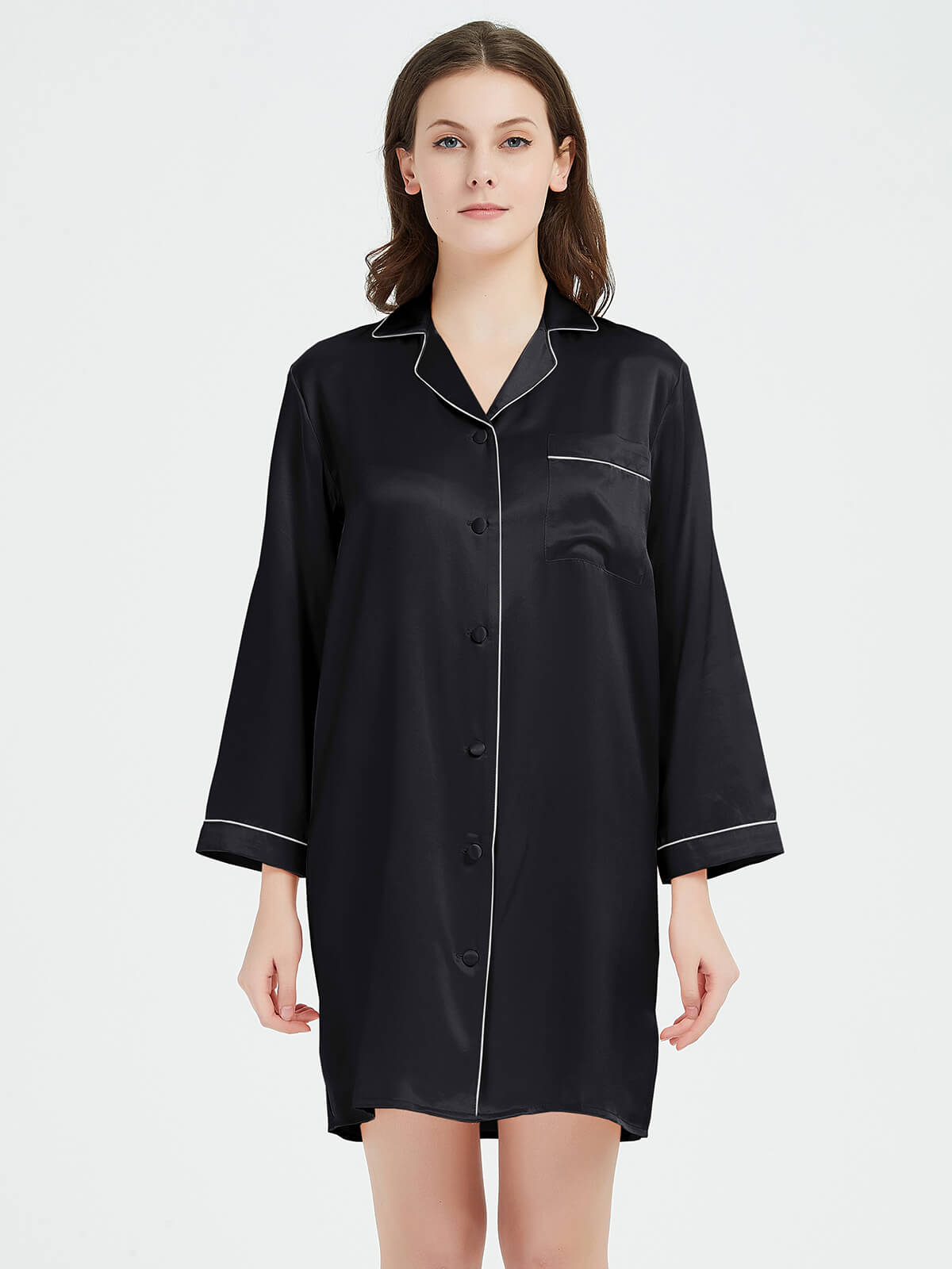 22 Momme Classic Long-Sleeve Silk Button-Down Sleep Shirt