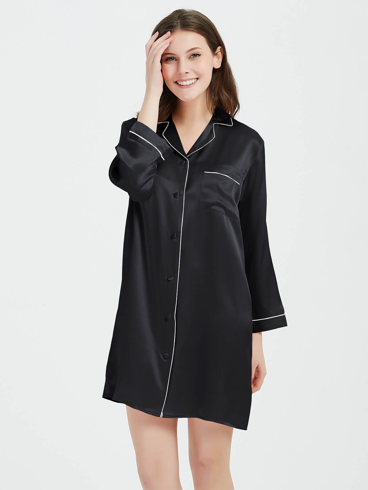 22 Momme Classic Long-Sleeve Silk Button-Down Sleep Shirt