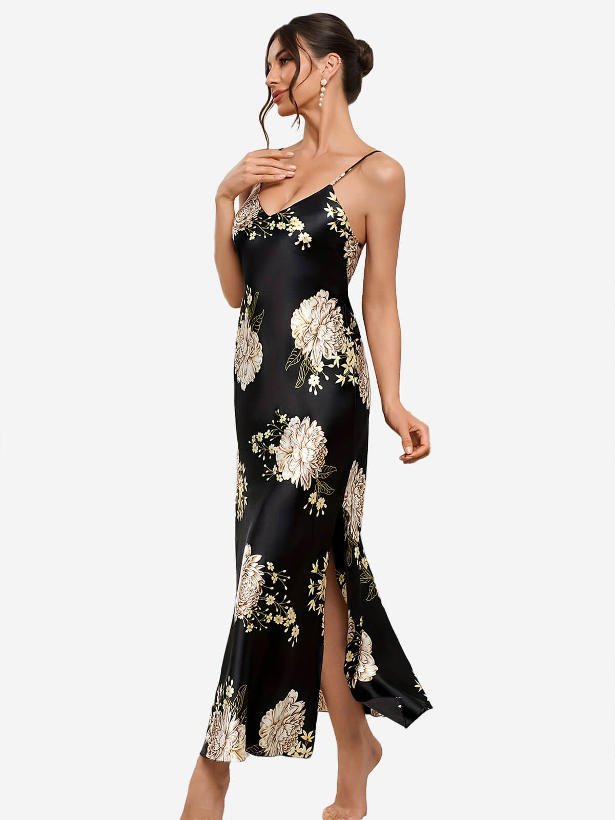 22 Momme Spaghetti Strap Floral Long Silk Slip Nightgown