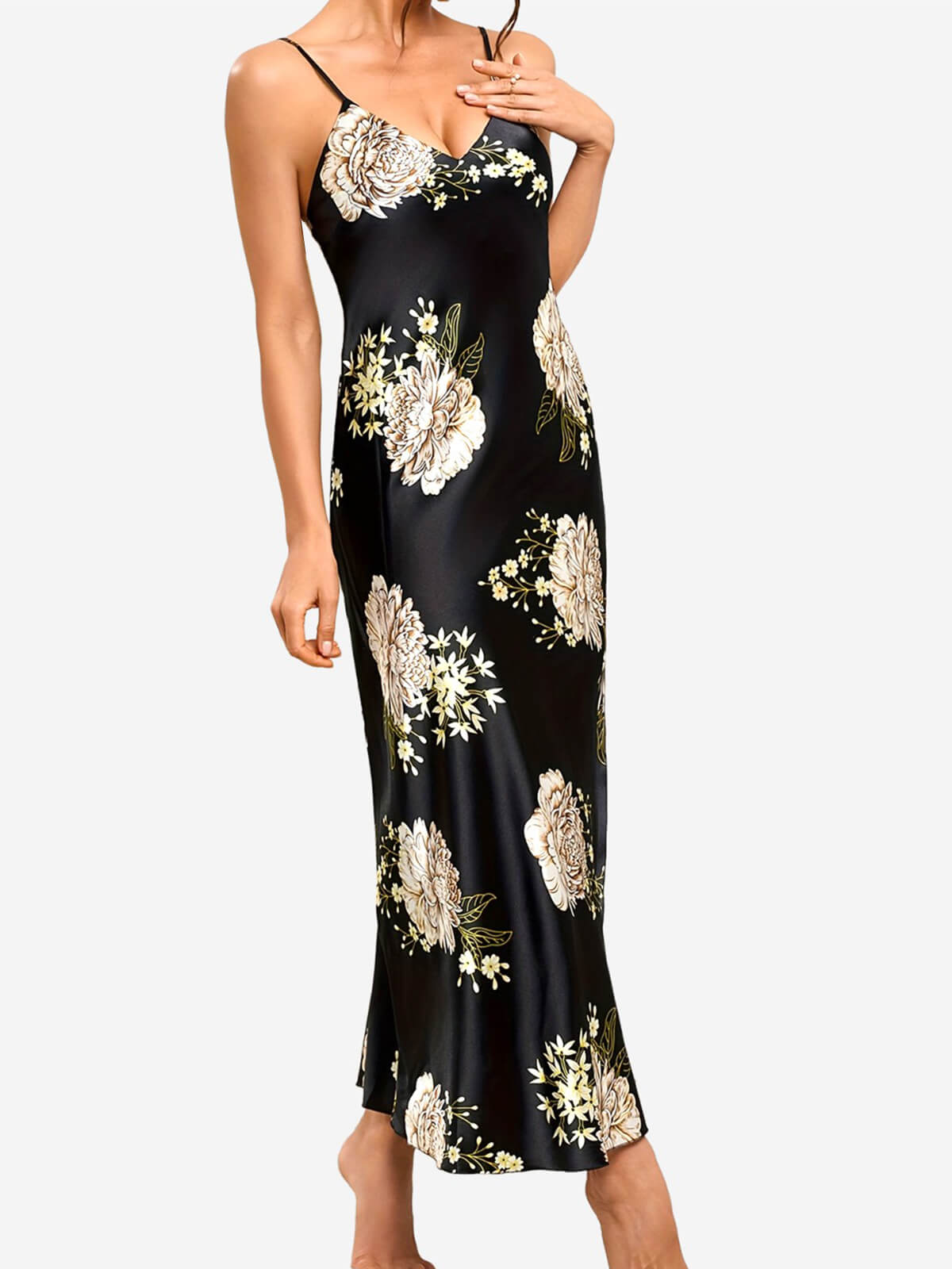 22 Momme Spaghetti Strap Floral Long Silk Slip Nightgown