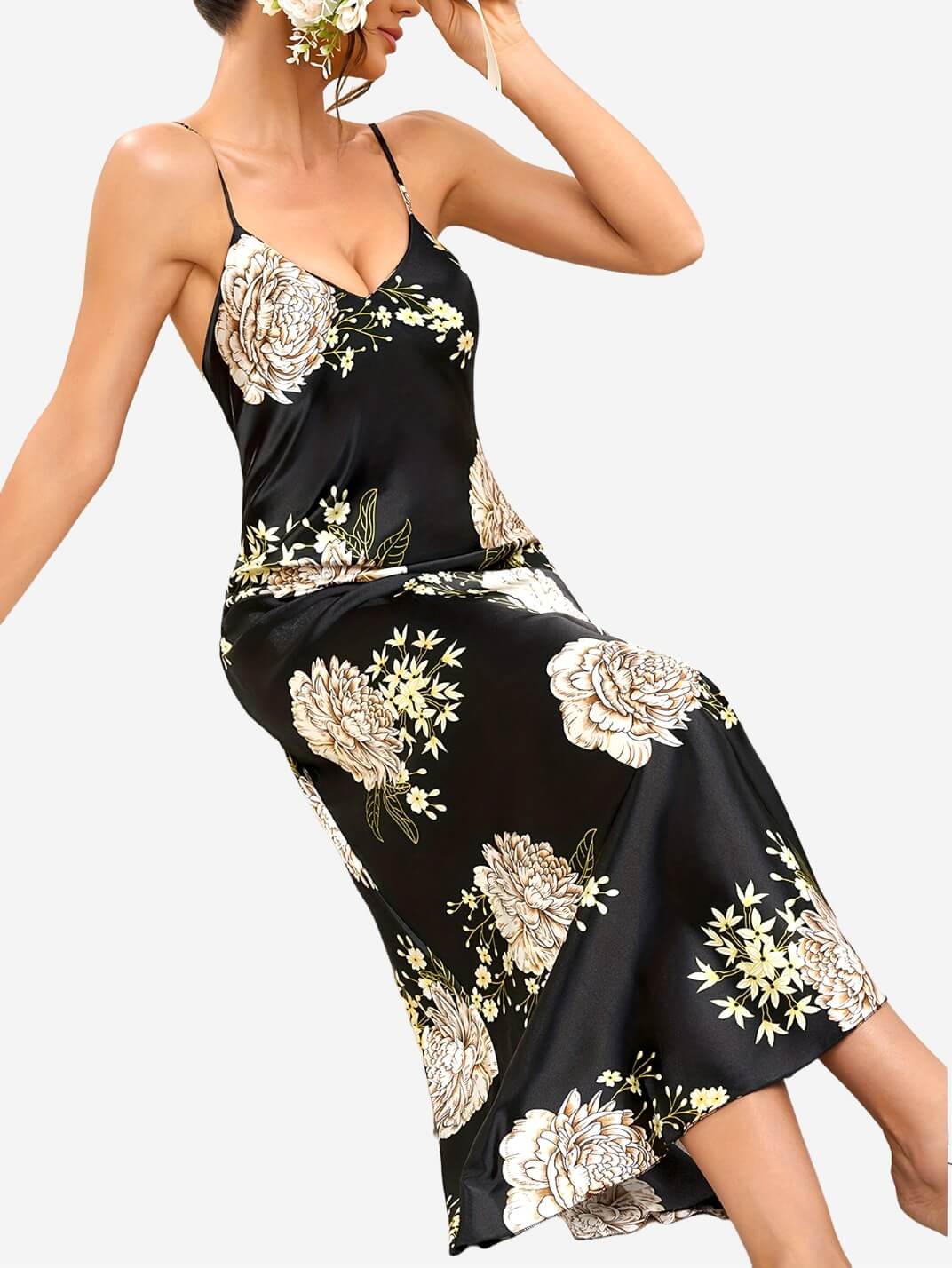 22 Momme Spaghetti Strap Floral Long Silk Slip Nightgown