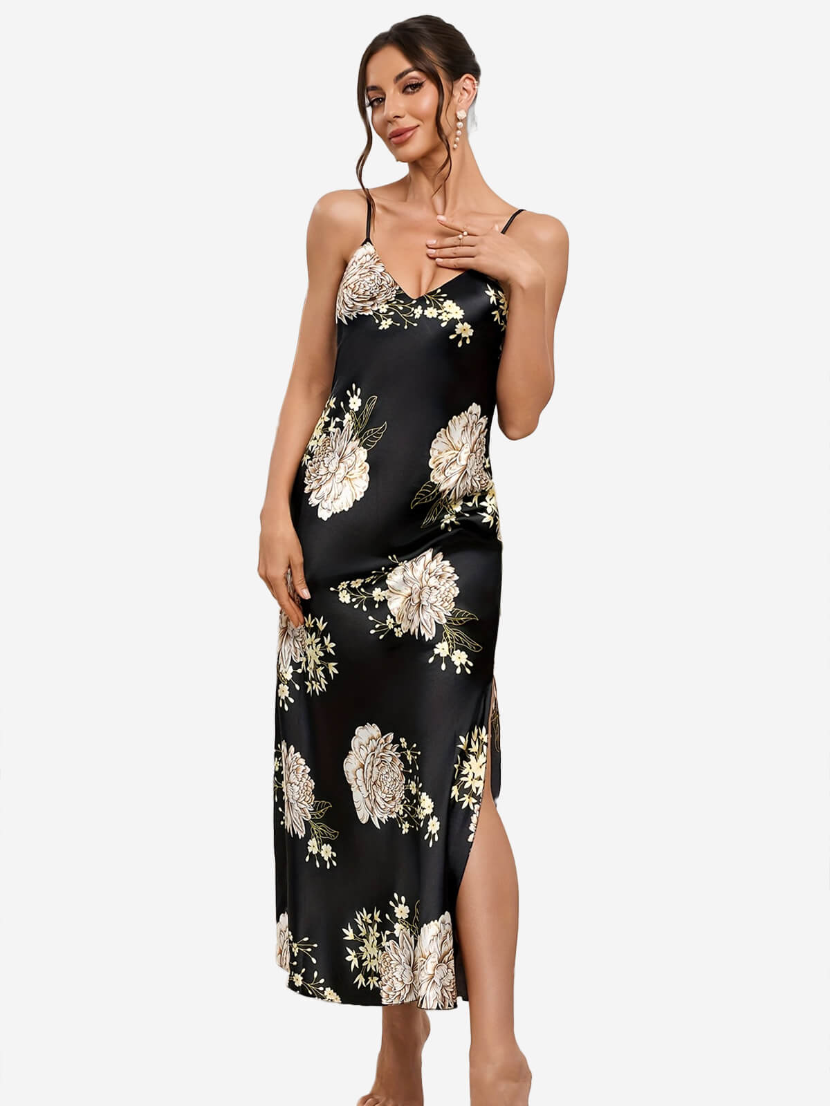 22 Momme Spaghetti Strap Floral Long Silk Slip Nightgown