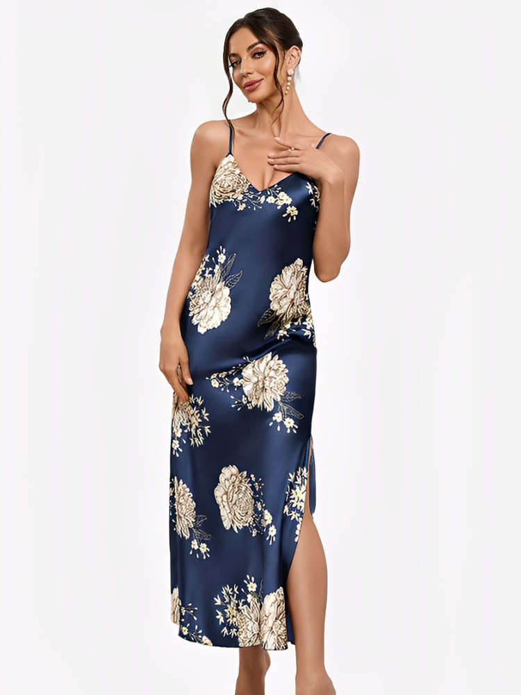 22 Momme Spaghetti Strap Floral Long Silk Slip Nightgown