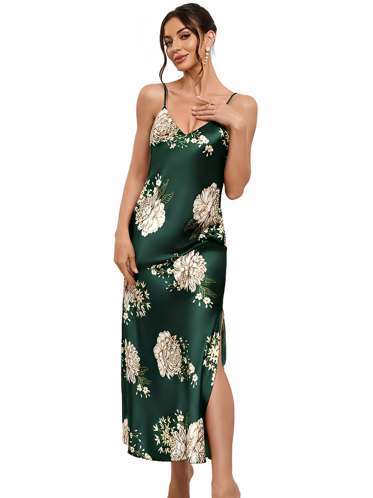 22 Momme Spaghetti Strap Floral Long Silk Slip Nightgown