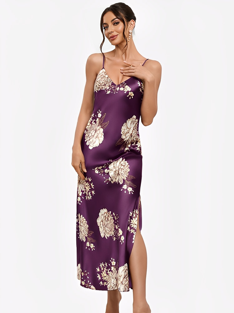 22 Momme Spaghetti Strap Floral Long Silk Slip Nightgown