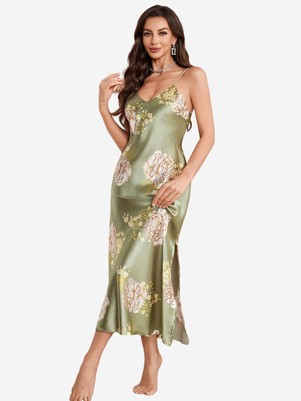 22 Momme Spaghetti Strap Floral Long Silk Slip Nightgown