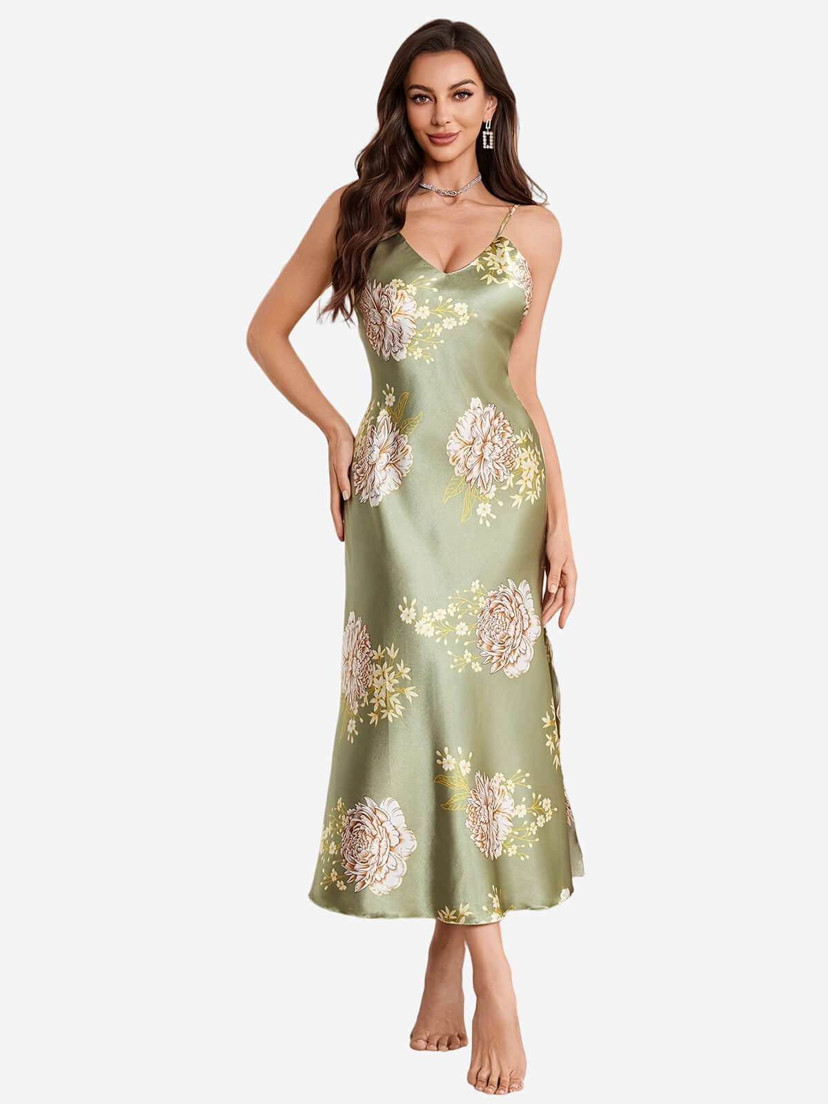 22 Momme Spaghetti Strap Floral Long Silk Slip Nightgown