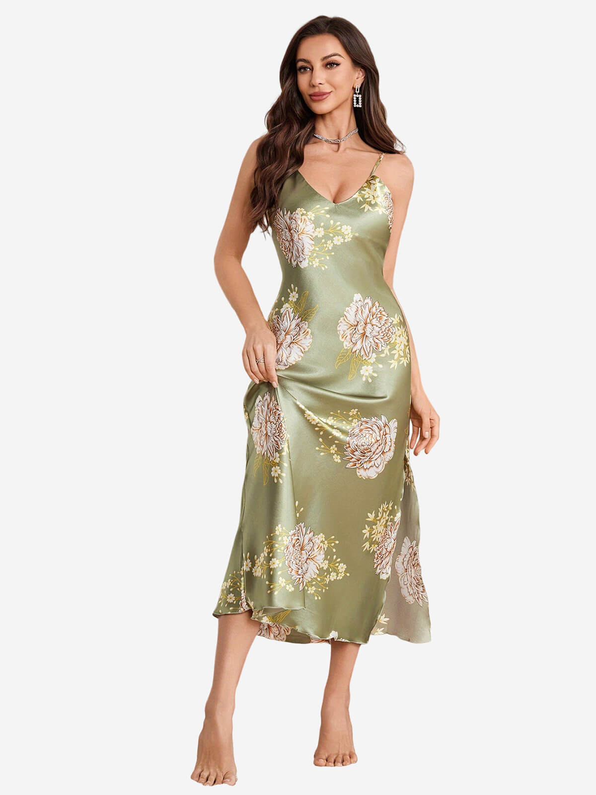 22 Momme Spaghetti Strap Floral Long Silk Slip Nightgown