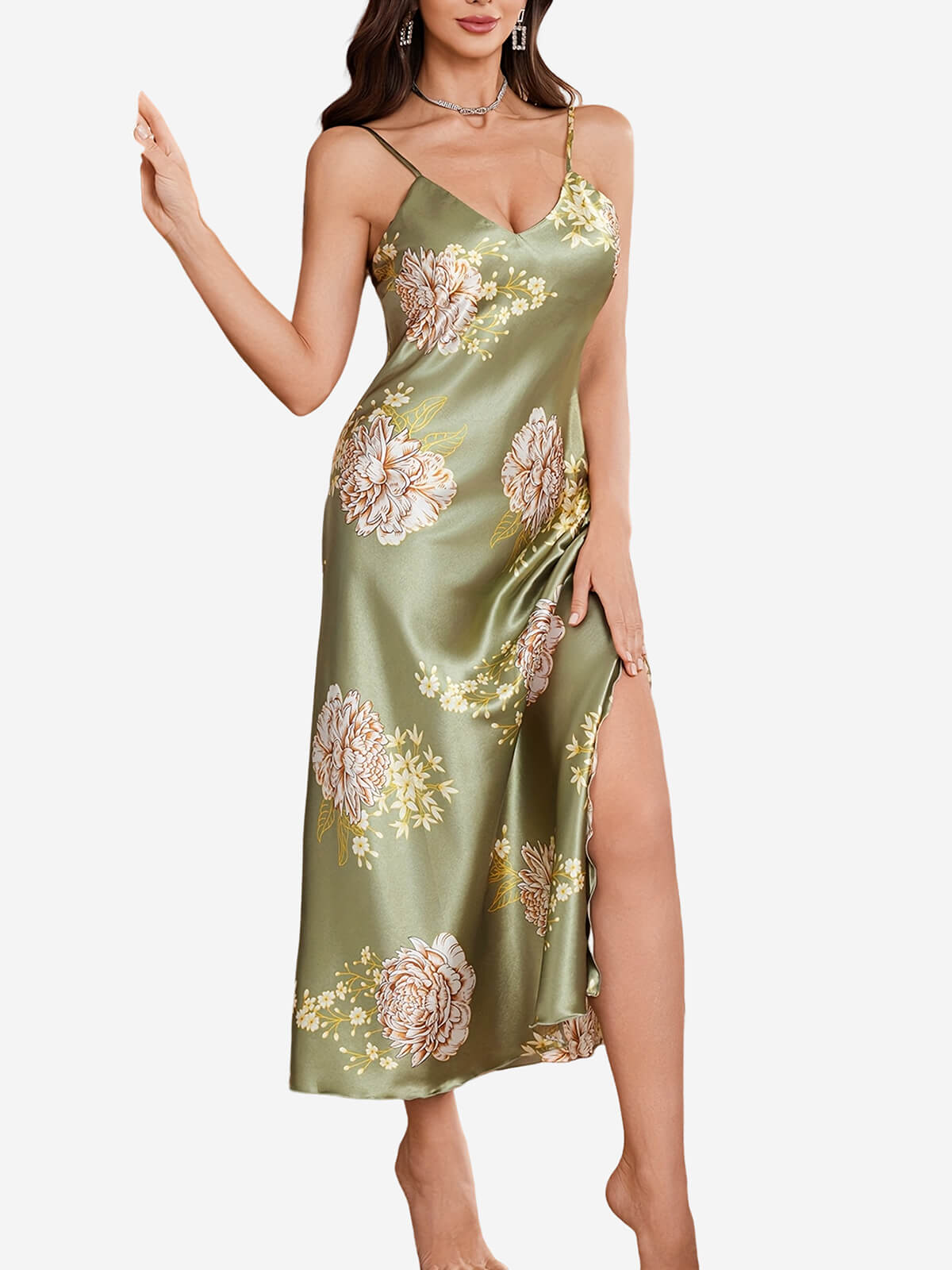 22 Momme Spaghetti Strap Floral Long Silk Slip Nightgown