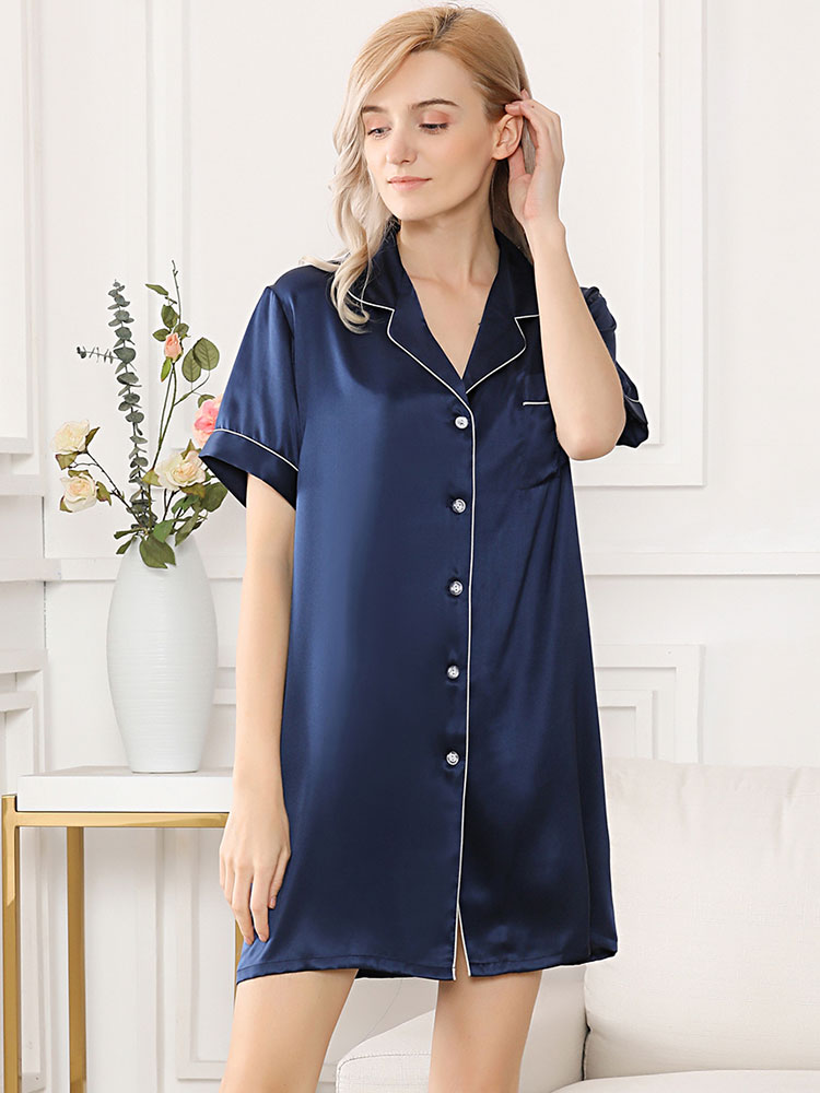 22 Momme Women Short Sleeve Silk Nightshirt with Trimming