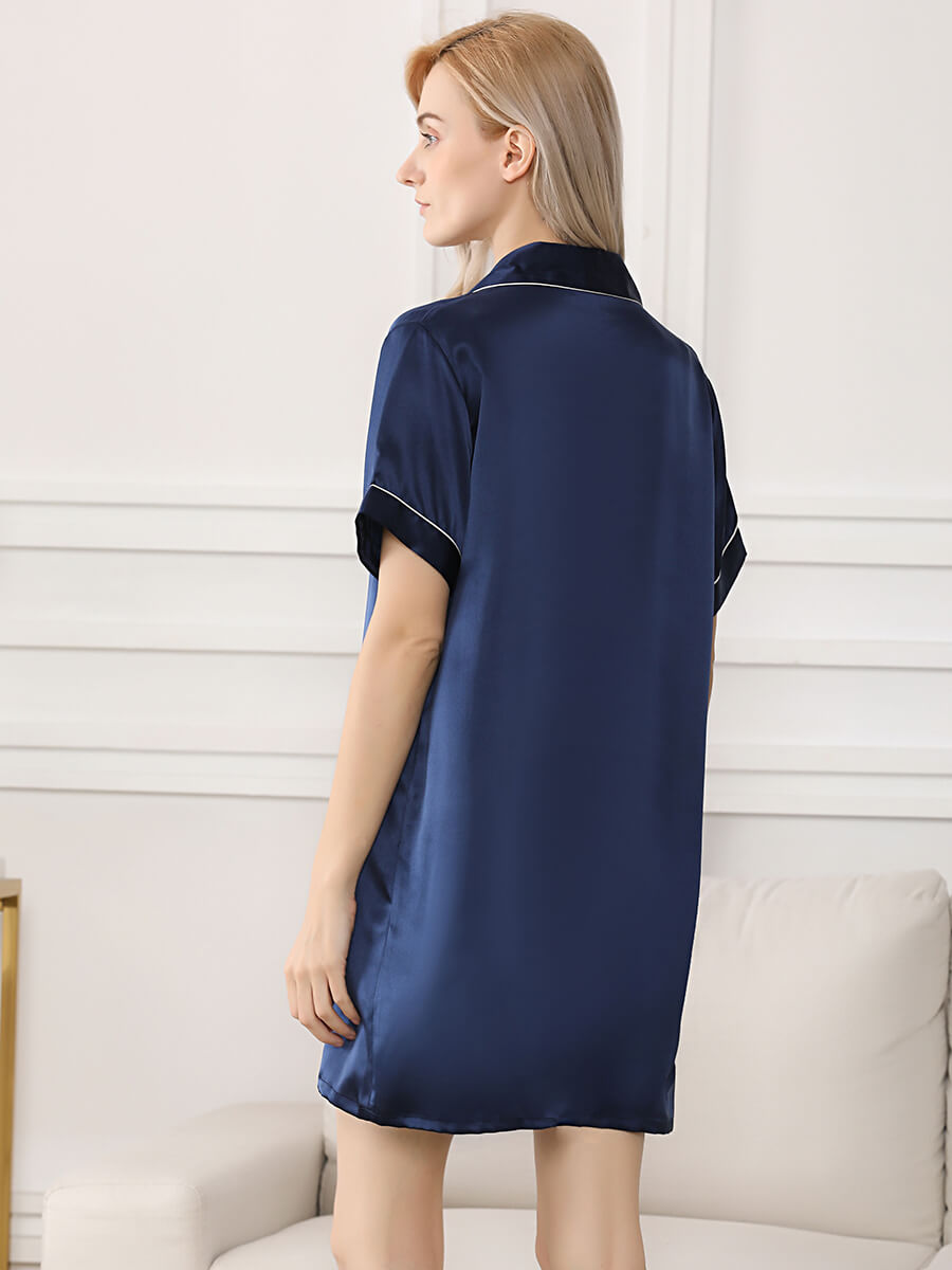 22 Momme Women Short Sleeve Silk Nightshirt with Trimming
