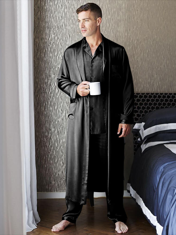 22 Momme Men's Luxury Silk Pajamas Robe Set with Trimming