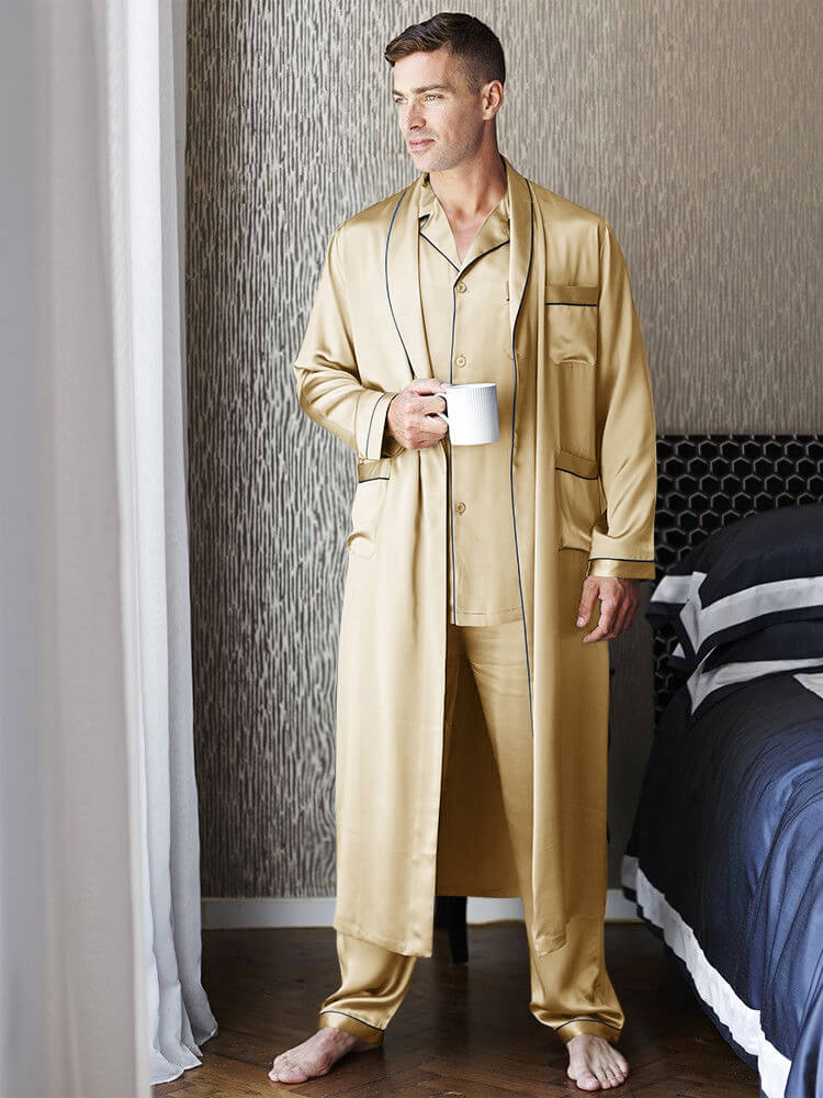 22 Momme Men's Luxury Silk Pajamas Robe Set with Trimming