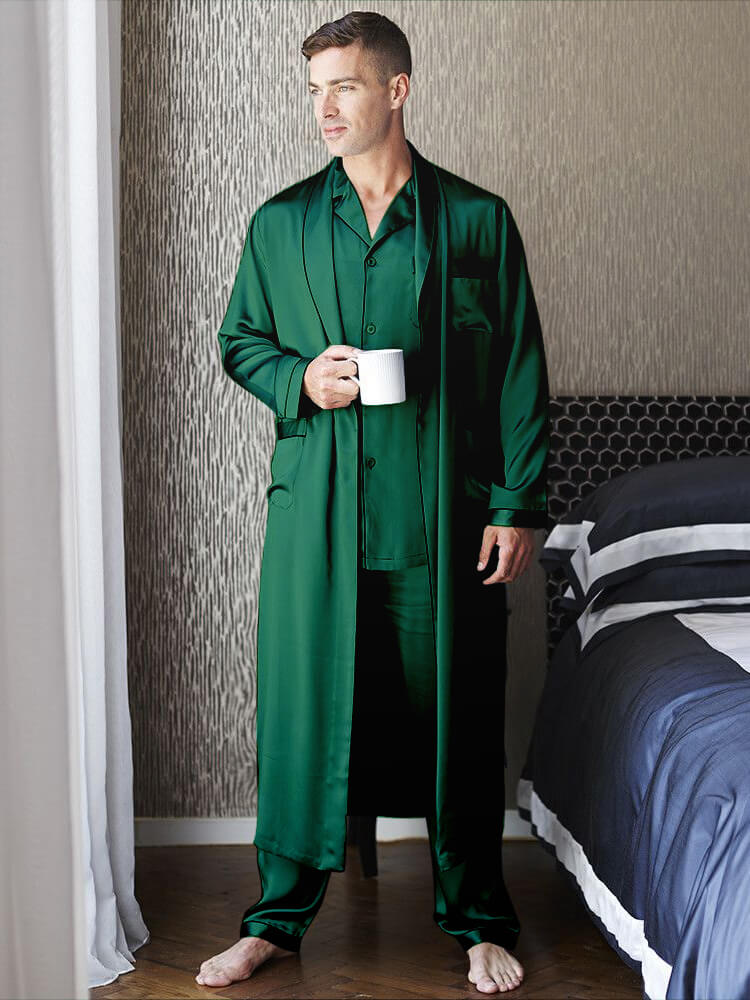 22 Momme Men's Luxury Silk Pajamas Robe Set with Trimming