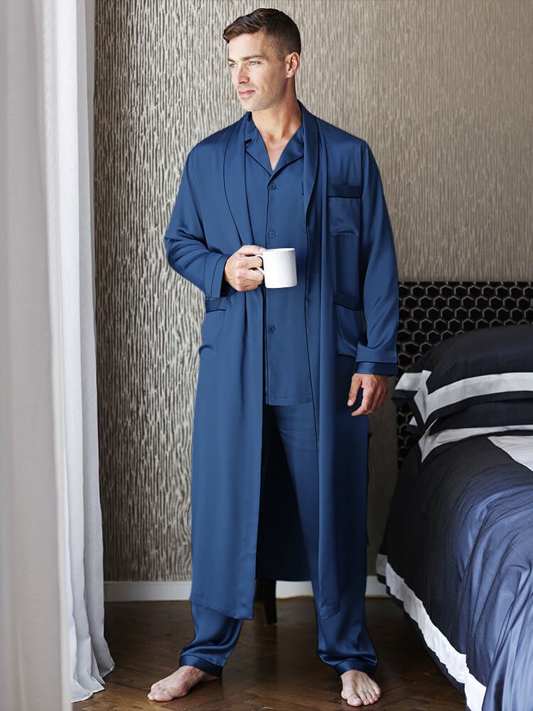 22 Momme Men's Luxury Silk Pajamas Robe Set with Trimming