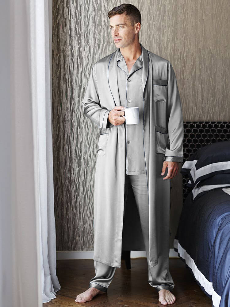 22 Momme Men's Luxury Silk Pajamas Robe Set with Trimming