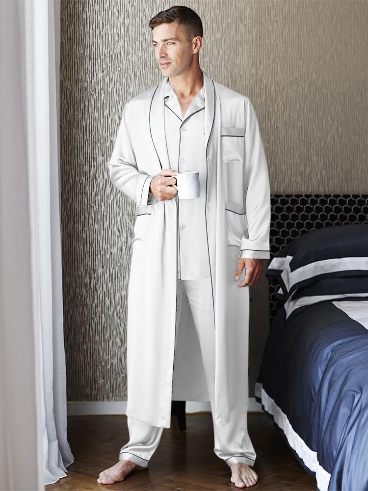 22 Momme Men's Luxury Silk Pajamas Robe Set with Trimming