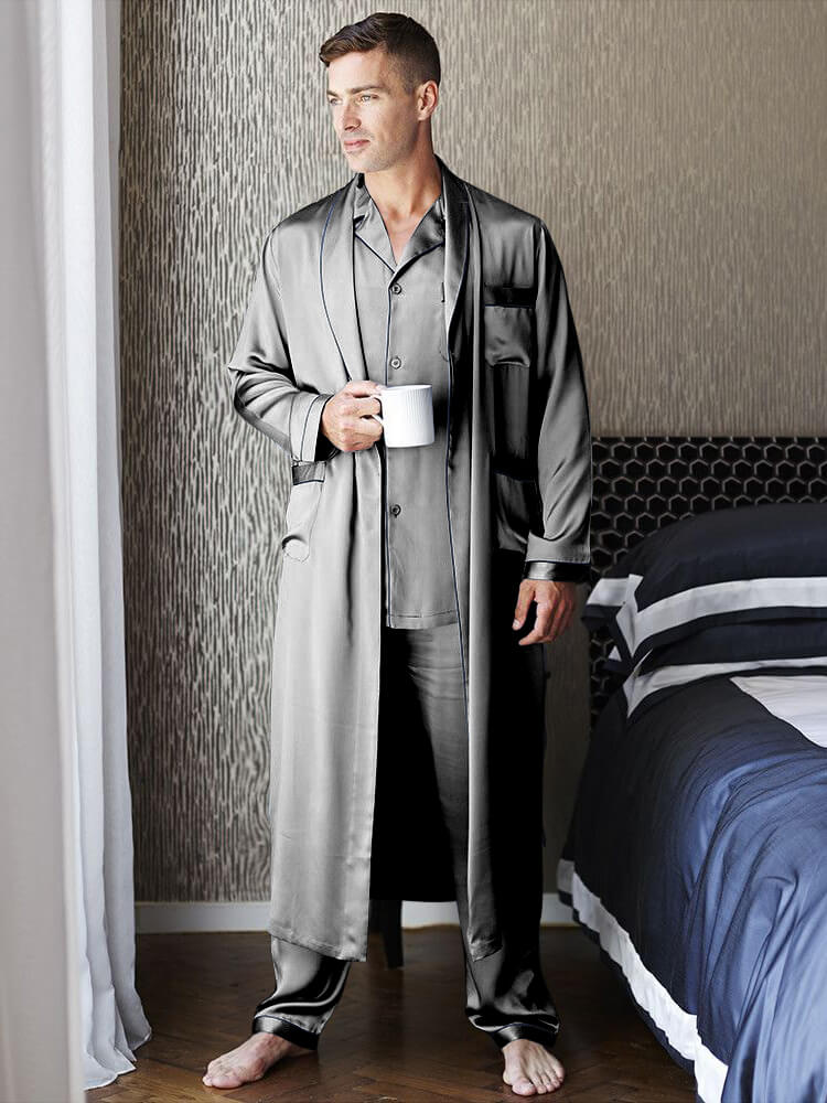 22 Momme Men's Luxury Silk Pajamas Robe Set with Trimming