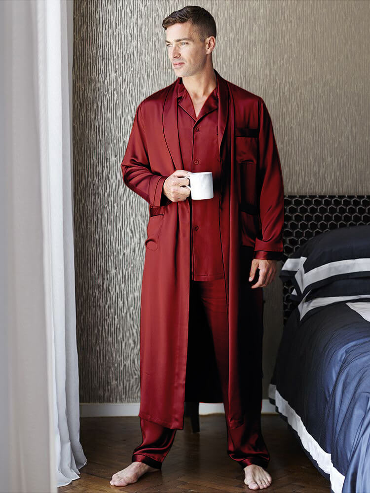 22 Momme Men's Luxury Silk Pajamas Robe Set with Trimming