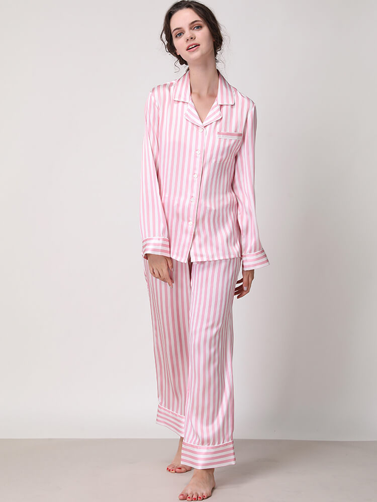 19 Momme Striped Printed Long Sleeve Silk Pajama Set for Women