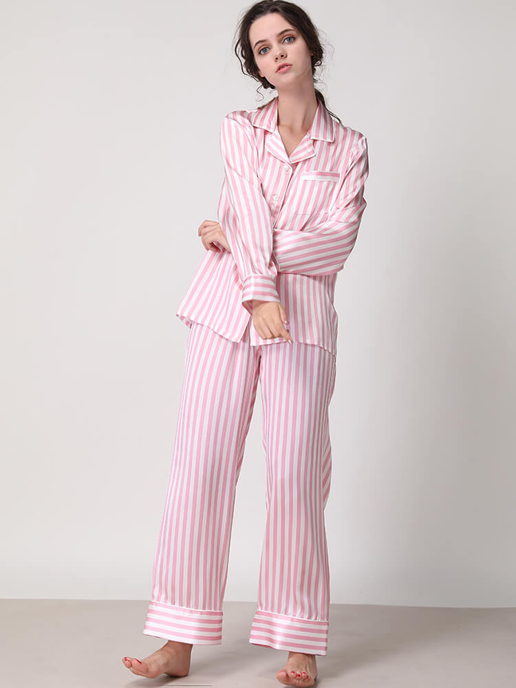 19 Momme Striped Printed Long Sleeve Silk Pajama Set for Women