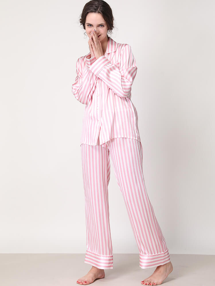 19 Momme Striped Printed Long Sleeve Silk Pajama Set for Women