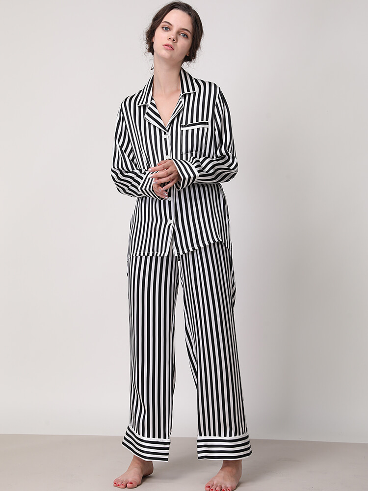 19 Momme Striped Printed Long Sleeve Silk Pajama Set for Women