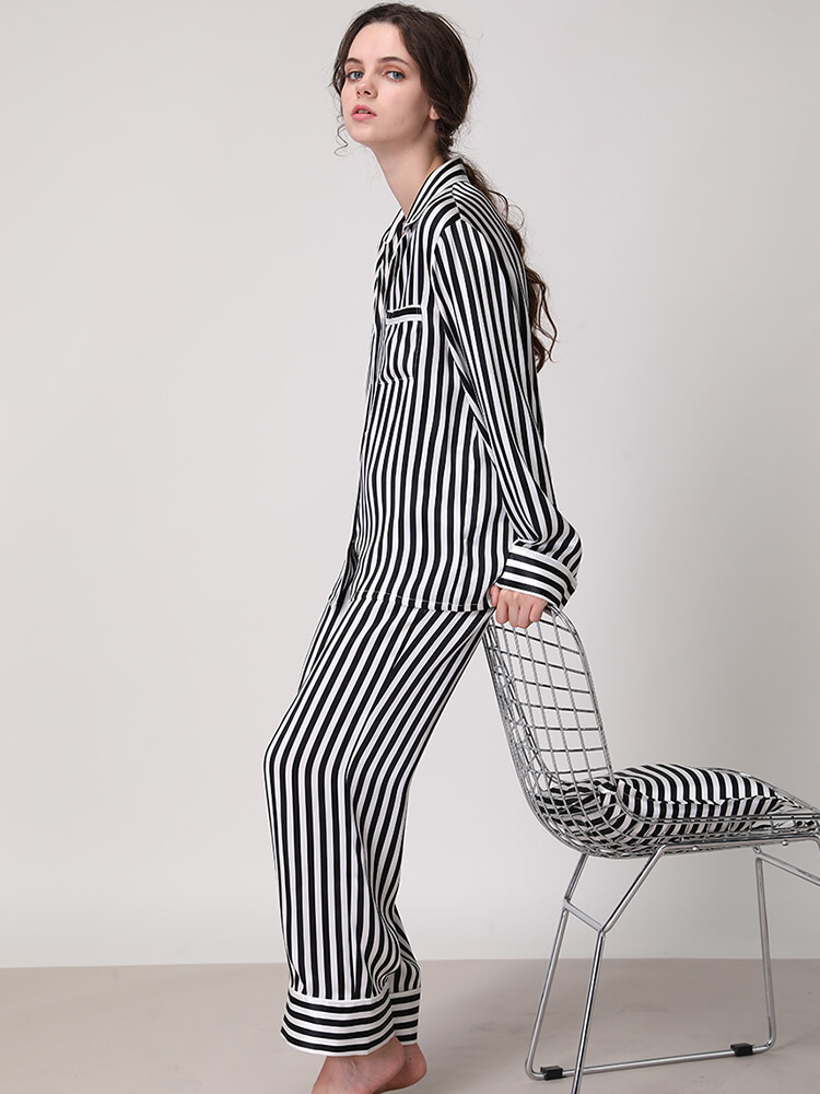 19 Momme Striped Printed Long Sleeve Silk Pajama Set for Women