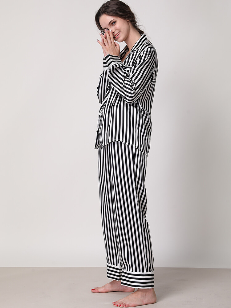 19 Momme Striped Printed Long Sleeve Silk Pajama Set for Women
