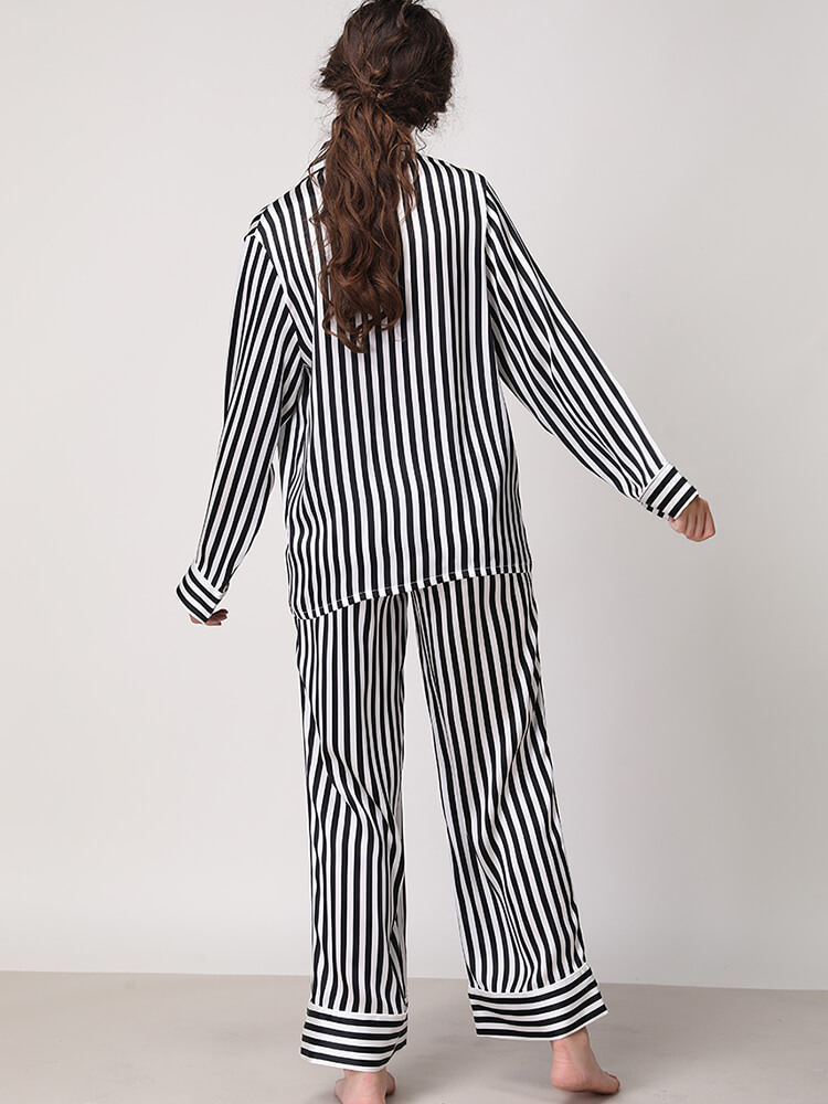 19 Momme Striped Printed Long Sleeve Silk Pajama Set for Women
